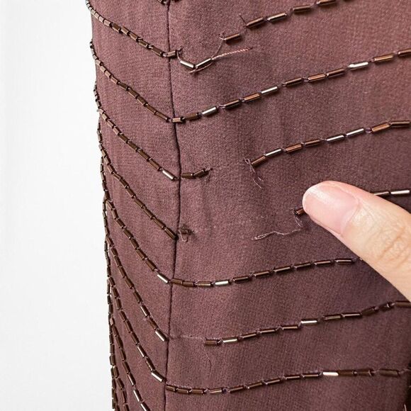 Vintage Y2K Brown Beaded Silk Knee Length Side Slit Bodycon Dress Size XS - Picture 7 of 7